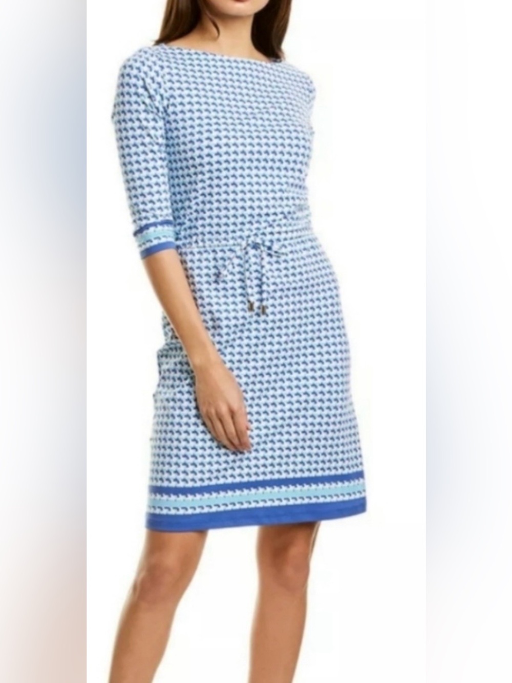J. McLaughlin Marianne Catalina Cloth Blue Geometric Border Dress Quiet Luxury